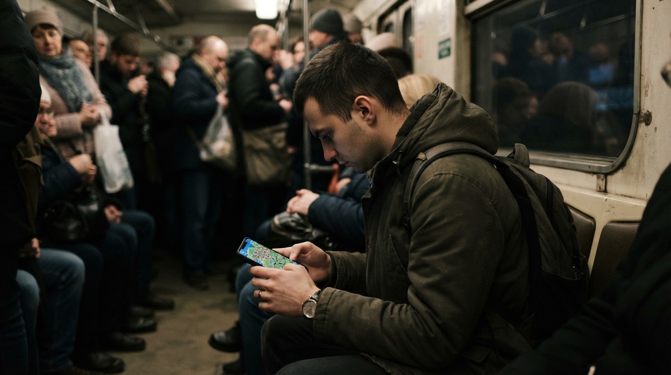 Un pasajero en el metro con el mapa de un juego de estrategia en el móvil