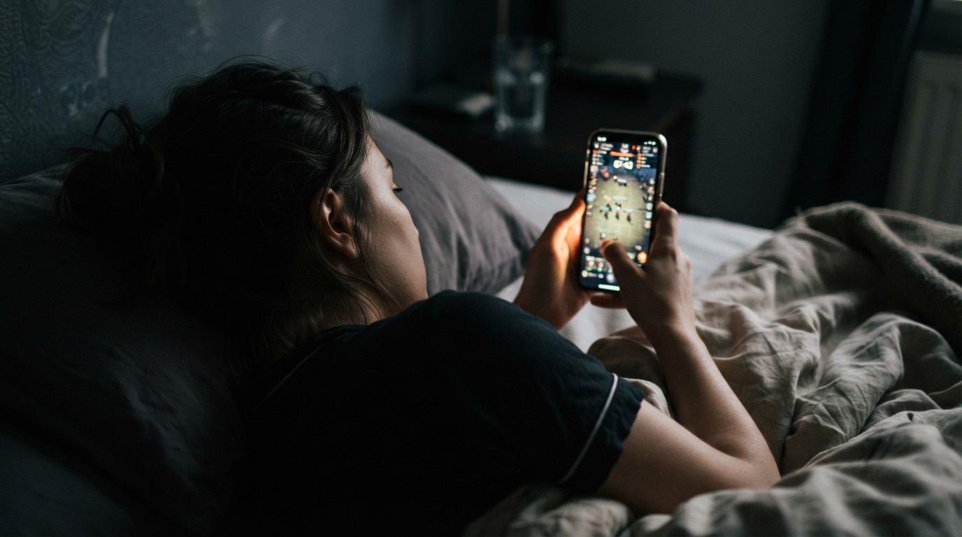 Una persona juega con el móvil en la cama de noche, con un temporizador y el chat de la alianza en pantalla