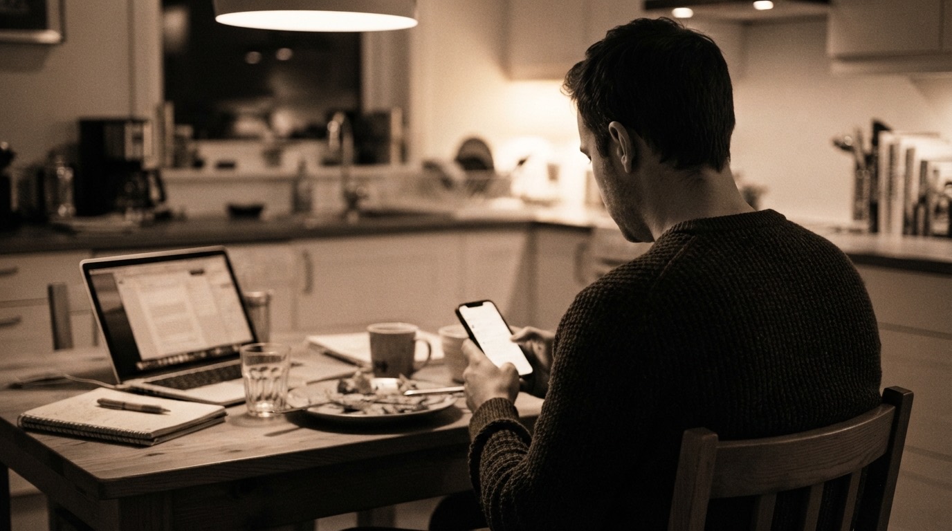 Un hombre mira el móvil por la noche en la mesa de la cocina, junto a un portátil abierto y una cena a medio terminar