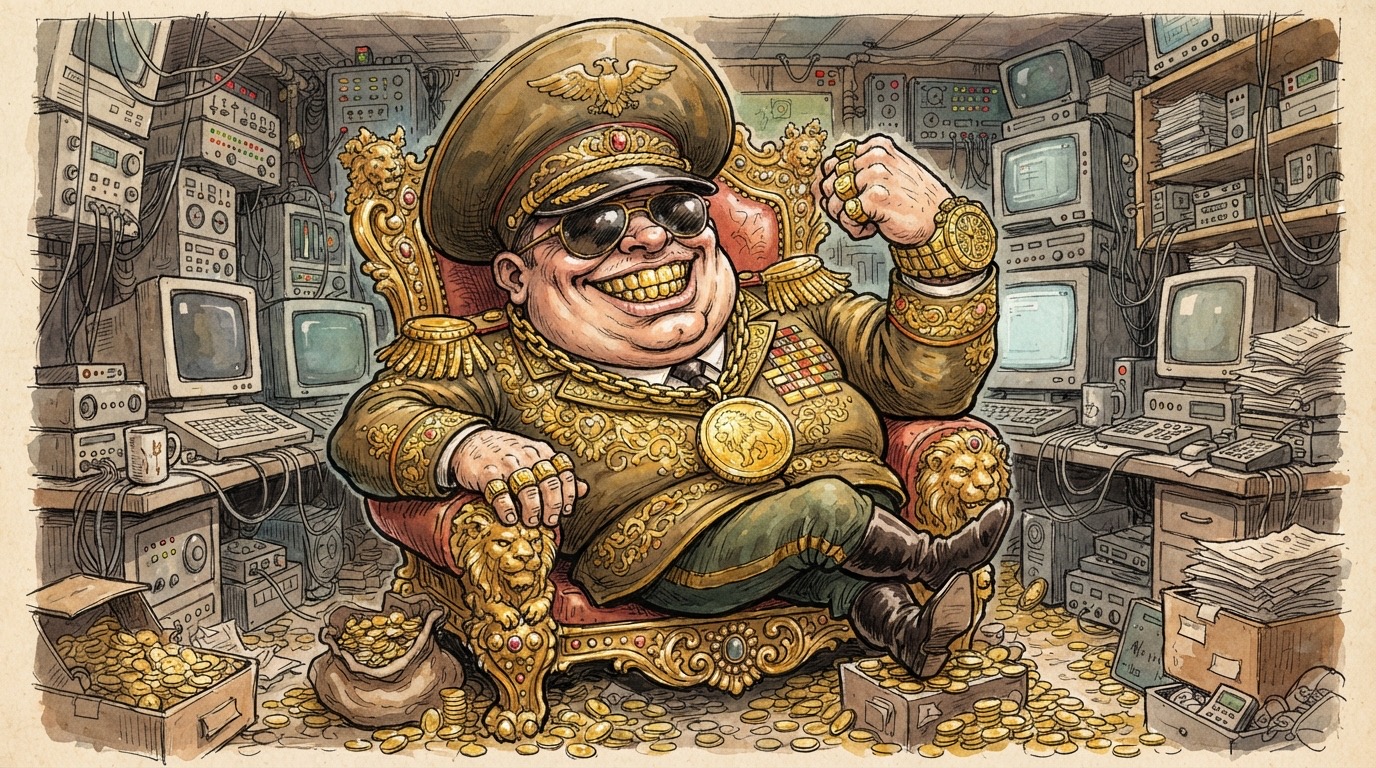 Caricatura: un dictador de opereta ficticio con dientes de oro y reloj de oro en un trono dorado, en una sala llena de ordenadores viejos y monedas de oro