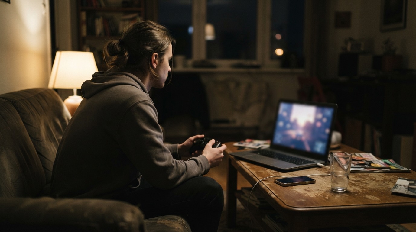 Un arrendatario jugando en un portátil con mando desde el sofá