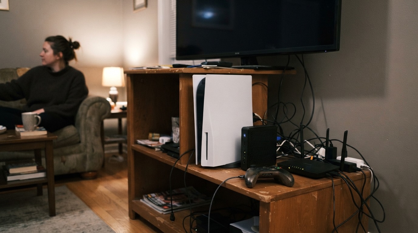 Una consola, un mini PC y un router en la estantería bajo la tele