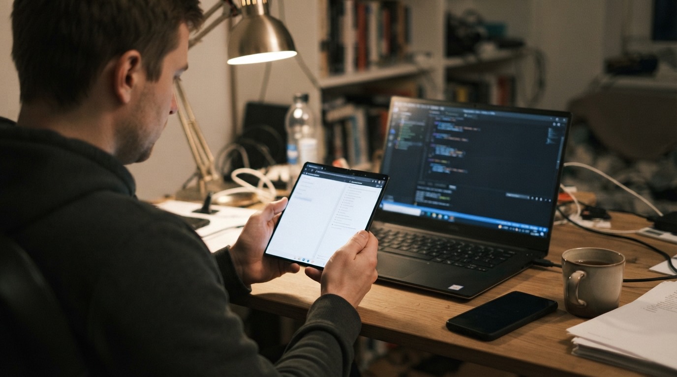 Un desarrollador prueba en un teléfono plegable abierto, junto a un portátil con código